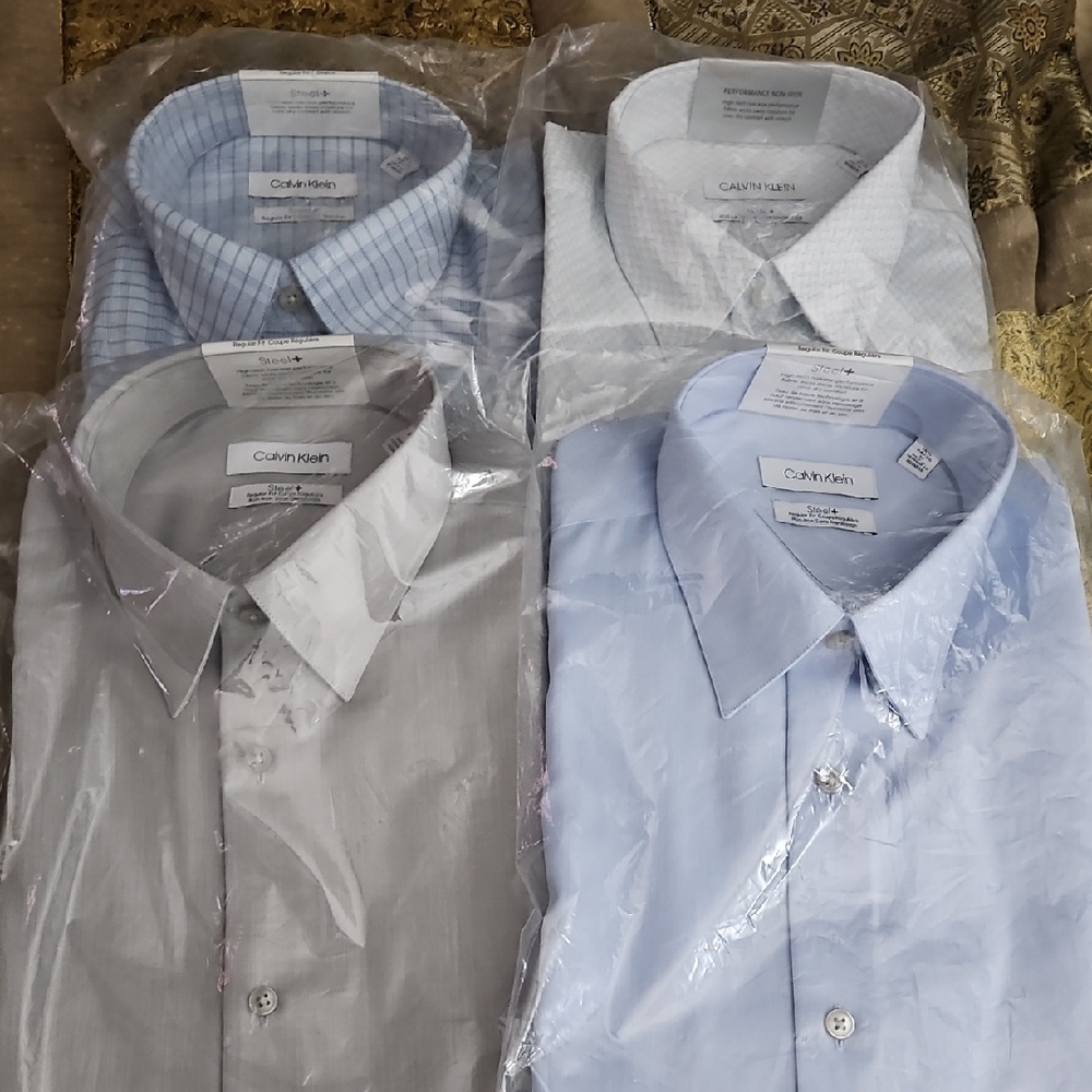 Lot Of 4-Calvin Klein Men's Dress Shirts-Blue,Gray,White-Assorted Patterns.NEW!!